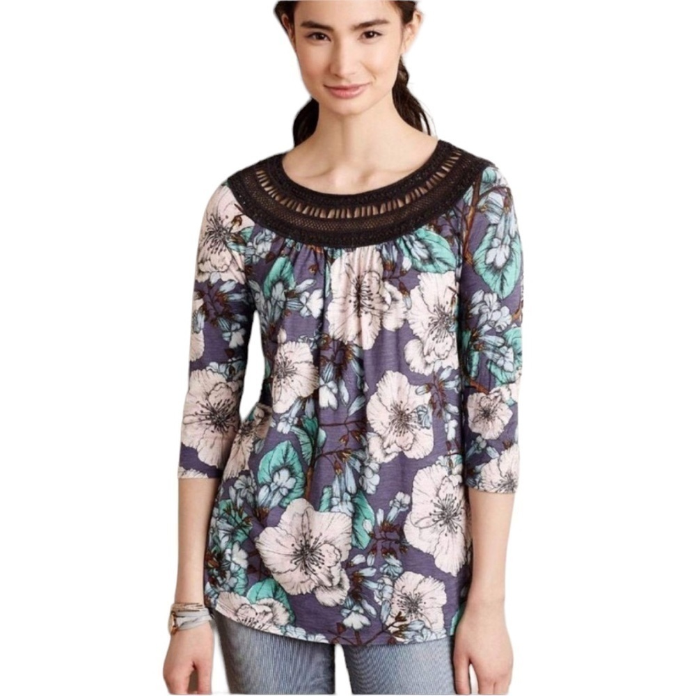 Anthropologie-meadow Rue-Floral BohoCrochet Top Size XS Green and Black